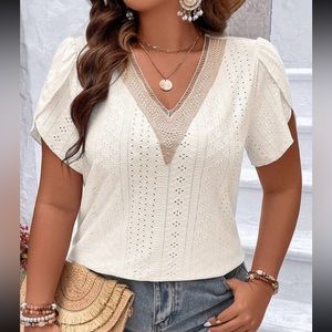Plus Size Sheer Eyelet Embroidery Lace Petal Sleeve Tee Shirt Top Blouse